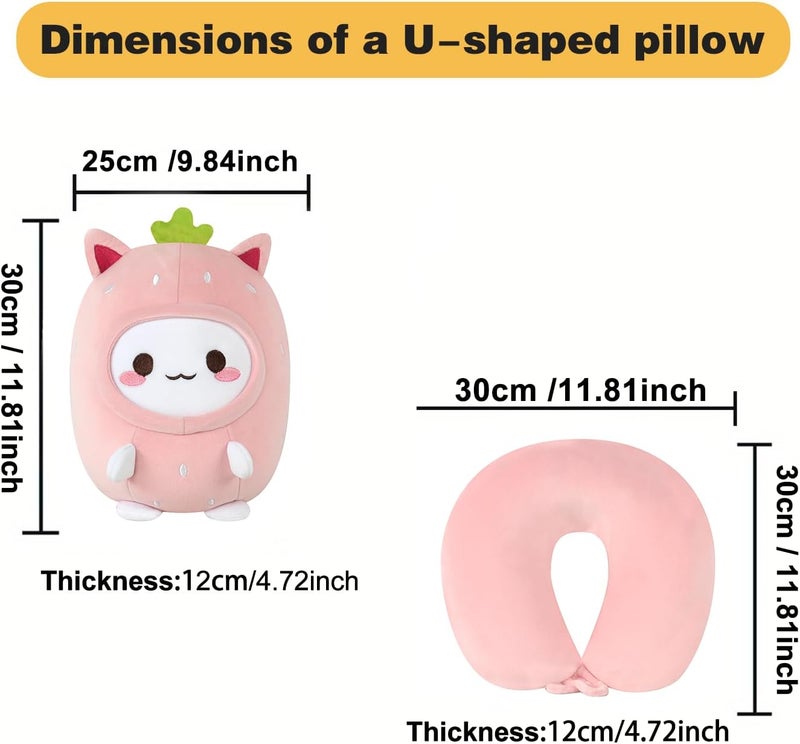 stocaggio Kids Travel Pillow - 2-in-1 Deformable Kids Neck Pillow for Traveling, Soft U-Shaped Pillow with Adorable Animal Design, Comfy Sleep and Play, Ideal for Airplanes and Traveling (Pink Strawberry) - Image 2
